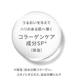 うるおいを与えてハリのある肌へ導くコラーゲンケア成分SP*(保湿) ＊保湿:加水分解コラーゲン、ユキノシタエキス、水解シルク