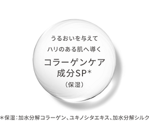 うるおいを与えてハリのある肌へ導くコラーゲンケア成分SP*(保湿) ＊保湿:加水分解コラーゲン、ユキノシタエキス、水解シルク
