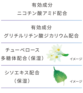 有効成分ニコチン酸アミド配合 有効成分グリチルリチン酸ジカリウム配合 チューベロース多糖体配合(保湿) シソエキス配合(保湿)