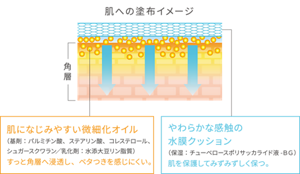 肌への塗布イメージ　肌になじみやすい微細化オイル （基剤：パルミチン酸、ステアリン酸、コレステロール、シュガースクワラン／ 乳化剤：水添大豆リン脂質）すっと角層へ浸透し、ベタつきを感じにくい。 やわらかな感触の水膜クッション（保湿：チューベロースポリサッカライド液-ＢＧ） 肌を保護してみずみずしく保つ。