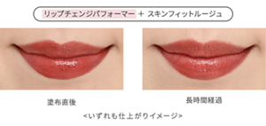リップチェンジパフォーマー＋スキンフィットルージュを塗布。 塗布直後と、長時間経過で仕上がりをキープしているイメージ
