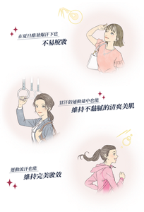 夏日酷暑、車內、運動等易出汗的情境示意圖