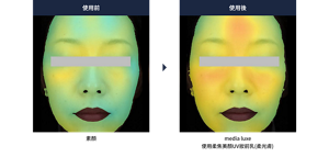 使用前的素顏狀態，臉部整體呈現泛藍的綠色。使用柔焦美顏UV妝前乳(柔光膚)之後，全臉呈現黃色～黃綠色，額頭及臉頰則變為橘色。