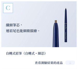 結果C　纖細筆芯，連眉尾也能細緻描繪。自轉式眉筆（自轉式・細芯）　查看測試結果產品。