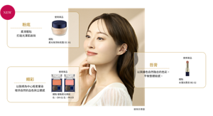 妝效示意圖　NEW　粉底　柔滑服貼　打造光澤肌妝效　使用單品 媚點 柔光保濕粉底霜 OCB1　頰彩　以臉頰為中心輕柔暈染 增添自然的血色與立體感　使用單品　媚點 優雅柔光頰彩 右：OR-02 左：PK-03　唇膏　以與膚色自然融合的色彩，平衡整體妝感。  使用單品 媚點 水灩光唇膏 BE-02