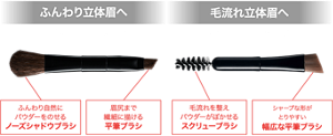 ふんわり立体眉へ ノーズシャドウブラシつき ふんわり自然にパウダーをのせるノーズシャドウブラシ 眉尻まで繊細に描ける平筆ブラシ 毛流れ立体眉へ スクリューブラシつき 毛流れを整えパウダーがぼかせるスクリューブラシ シャープな形がとりやすい幅広な平筆ブラシ