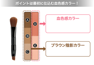 ポイントは最初に仕込む血色感カラー！ ノーズシャドウブラシ アイブロウブラシ 血色感カラー ほどよくしっとりした密着パウダー 後からのせるブラウン陰影カラーもしっかりフィット ブラウン陰影カラー 自然な陰影がつくれるふんわりパウダー