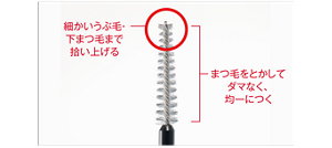 細かいうぶ毛・下まつ毛まで拾い上げる まつ毛をとかしてダマなく、均一につく