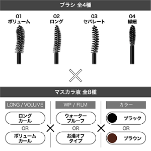 ブラシ 全4種 01 ボリューム 02 ロング 03 セパレート 04 繊細 × マスカラ液 全8種 LONG / VOLUME ロングカール OR ボリュームカール × WP / FILM ウォータープルーフ OR お湯オフタイプ × カラー ブラック OR ブラウン