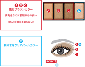 ABC 透けブラウンカラー 高発色なのに肌馴染みの良い 透け発色と艶めくような繊細ラメで、 目もとが重たくならない！ 抜け感のある立体的な目もと印象に D 馴染ませクリアパールカラー ブラウンに重ねて立体艶感を強調 A ライトブラウンカラー B ミディアムブラウンカラー C ディープブラウンカラー D 馴染ませクリアパールカラー POINT！ 仕上げのDで立体感も調整自在！