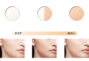 サラサラクリアなツヤ肌へ 00ニュー クリアムーン クリアとカバー使い分け自在お直しにも 01ハーフカバームーン なめらかカバーツヤ肌へ 02フルカバームーン クリア カバー 仕上がりイメージ（00） 仕上がりイメージ（01） 仕上がりイメージ（02）
