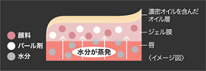 顔料 パール剤 水分 濃密オイルを含んだオイル層 ジェル膜 唇 水分が蒸発 イメージ図