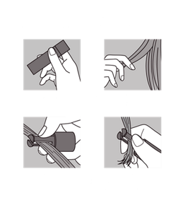 HOW TO 毛束をはさみスライドさせるだけ。速乾タイプで簡単着色。　1 容器を上下に振り、キャップを外します。　2 カラーを付けたいところの毛束を幅１cm程度とります。　3 クリップの間に毛束を挟みます。　4 クリップを指でギュッとつまみ、そのまま上から毛先に向かって下へスライドさせ色を付けます。