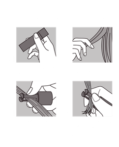 HOW TO 毛束をはさみスライドさせるだけ。速乾タイプで簡単着色。　1 容器を上下に振り、キャップを外します。　2 カラーを付けたいところの毛束を幅１cm程度とります。　3 クリップの間に毛束を挟みます。　4 クリップを指でギュッとつまみ、そのまま上から毛先に向かって下へスライドさせ色を付けます。
