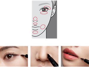 ＜目もと＞ アイシャドウで目尻や涙袋を描き目もとを大きく見せる ＜鼻周り＞ ハイライトやシェーディングを入れて小鼻を立体的に見せる ＜口周り＞ ハイライトやシェーディングを入れて口もとを立体的に見せる