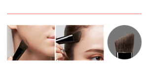 フェースラインやハイライト、チークにもマルチに使える フェースラインに 生え際に 使用シーン 縦も横も斜めカットされているブラシ形状が顔の凹凸にフィット