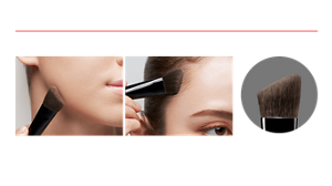 フェースラインやハイライト、チークにもマルチに使える フェースラインに 生え際に 使用シーン 縦も横も斜めカットされているブラシ形状が顔の凹凸にフィット