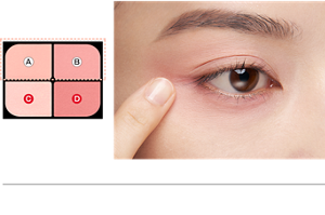 STEP 1 ・指またはお手持ちのブラシにABお好みの色をとり、目もと全体～頬にかけて広くのせます。
