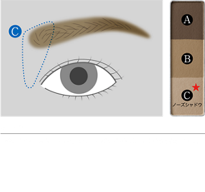 STEP 3 最後にCのノーズシャドウを鼻の側面に淡くぼかせば、より立体的な顔立ちに。