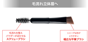 毛流れ立体眉へ スクリューブラシつき 毛流れを整えパウダーがぼかせるスクリューブラシ シャープな形がとりやすい幅広な平筆ブラシ