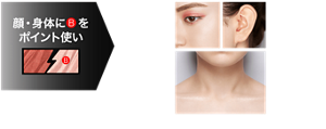 顔・身体にBをポイント使い 頬のハイライトとして 耳たぶにツヤをオン 鎖骨にのせてメリハリ感 仕上がりイメージ（OR-1）