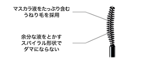 マスカラ液をたっぷり含むうねり毛を採用 余分な液をとかすスパイラル形状でダマにならない