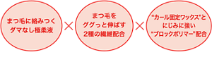 まつ毛に絡みつくダマなし極柔液 なめらかな液がダマにならずにまつ毛1本1本をロングに × まつ毛をググっと伸ばす2種の繊維配合 長さの異なる2種の繊維でロングもボリュームも思いのまま × “カール固定ワックス”とにじみに強い“ブロックポリマー”配合 強力ロック成分で1日中カールキープ