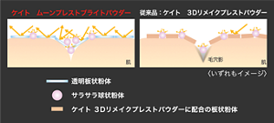 ケイト　ムーンプレストブライトパウダー 従来品：ケイト　３Dリメイクプレストパウダー 〈いずれもイメージ〉 透明板状粉体 サラサラ球状粉体 ケイト ３Dリメイクプレストパウダーに配合の板状粉体