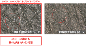 ケイト　ムーンプレストブライトパウダー 塗膜の状態の拡大イメージ 皮丘・皮溝にも粉体がきれいに付着 従来品：ケイト　３Dリメイクプレストパウダー 塗膜の状態の拡大イメージ 皮溝・毛穴には粉体があまり付着していない