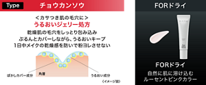 チョウカンソウ＜カサつき肌の毛穴に＞ うるおいジェリー処方 乾燥肌の毛穴をしっとり包み込み ぷるんとカバーしながら、うるおいキープ 1日中メイクの乾燥感を防いで粉ヨレさせない ぼかしカバー成分 うるおい成分  FORドライ FORドライ   自然に肌に溶け込む ルーセントピンクカラー