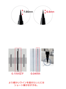 スーパーシャープライナー EX4.0 の筆 シャープな細いラインを維持しやすい 7.85mm筆 ショート筆 小回りが効いて調整しやすい 5.5mm筆 スーパーシャープライナー EX4.0 の筆 0.1mm以下 ショート筆 コシがあるから太くなりにくい! 0.04mm どちらも筆先がしなりにくいのでブレずに細いラインが描ける。 より細かいラインを描きたい人にはショート筆がおすすめ。 ＊可能な限り、細いラインを筆記した場合
