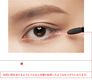 STEP 3 チップの細い方にⒸをとり、下まぶたの目頭と黒目の下から目尻にかけてラインを引くように直線的に入れます。 目尻に間をあけるように入れると目幅が拡張したような仕上がりになります。