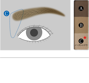 STEP 3 最後にCのノーズシャドウを鼻の側面に淡くぼかせば、より立体的な顔立ちに。