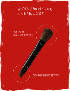 Wブラシで細いラインからふんわり仕上げまで 丸い形のふんわり太ブラシ コシのある斜め細ブラシ
