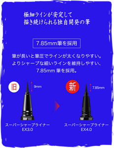 極細ラインが安定して描き続けられる独自開発の筆 7.85mm筆を採用 筆が長いと筆圧でラインが太くなりやすい。 よりシャープな細いラインを維持しやすい7.85mm筆を採用。 旧 スーパーシャープライナーEX3.0 新 スーパーシャープライナーEX4.0
