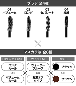 ブラシ 全4種 × マスカラ液 全8種