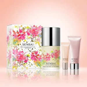 Das Neck and Decollete Limited Set steht vor einem abstraktem rosa Hintergrund