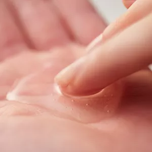 Close-up of a finger touching a small amount of clear gel on a palm