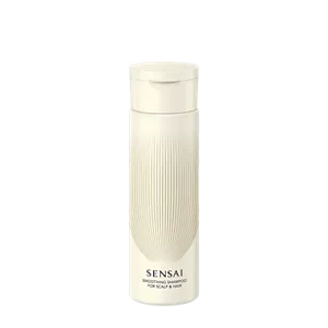 Smoothing Shampoo in beige bottle with gold accents, flip-open cap