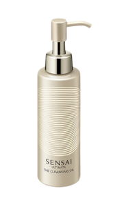 Ultimate The Cleansing Oil: eine goldfarbene Kunststoffflasche mit weißem Linienmuster und einem Pumpspender