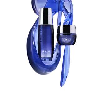 Sensai Extra Intensive Lotion and Cream on a blue swirling background, promoting revitalisation and double moisturising