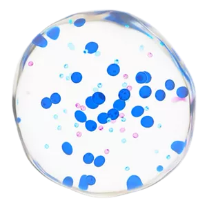 A close-up image through a microscope of the two types of hyaluronic acid as blue/light blue dots and trehalose as pink dots.
