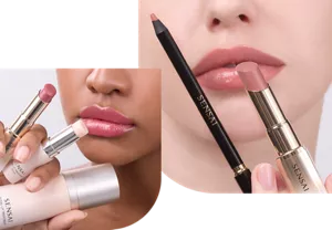 Close-up of a woman's lips with two lip products Sensai Lip Pencil and Moisture Intense Lipstick. Close-up of a woman's lips with three lip products: Moisture Intense Lipstick, Total Lip Treatment Stick, and Total Lip Treatment.
