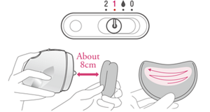 Illustration du mode Biomimesis Diffuseur De Masque Voile réglé sur 1. La distance de pulvérisation par rapport à l'applicateur est de 8 cm et la direction de pulvérisation est représentée par un zig-zag sur l'applicateur.