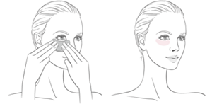 Illustration montrant un modèle appliquant le voile sous l'œil à l'aide de l'applicateur. Une deuxième illustration montre une zone rose sous l'œil où le voile a été appliqué.