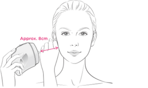 Illustration showing how to apply the product. Model uses a fist to measure a distance of 8cm from the face. 