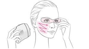 Illustration montrant que le modèle pulvérise le produit en zigzag sur la joue, les yeux étant couverts avec le protecteur.