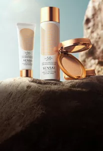 SILKY BRONZE products showcased against a vibrant sunset background.