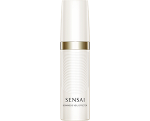 Biomimesis Veil Effector : a pearly white pump bottle with gold ring and a pull-off cap