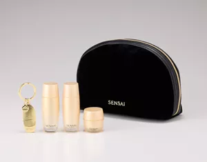 Ein schwarzes Kosmetiktäschen mit Reißverschluss, mit 3 Hautpflege-Minis und einem Anhänger auf einer grauen Oberfläche.